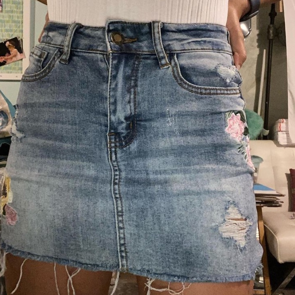 Embroidered Jean Skirt
